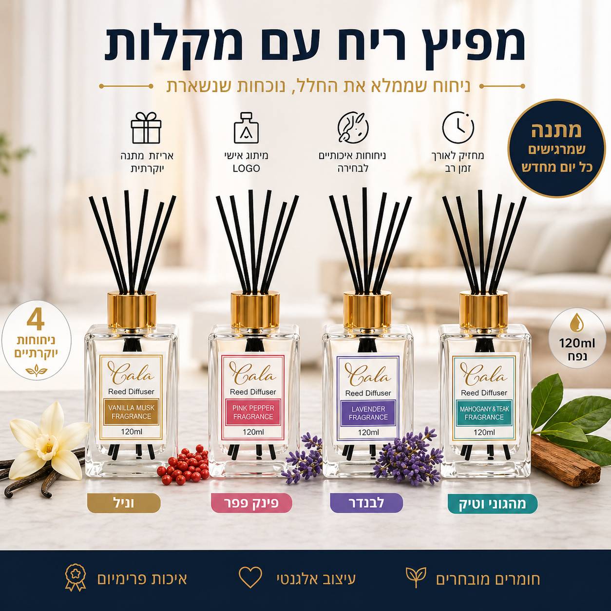מפיץ ריח עם מקלות ממותג - בקבוק ניחוח יוקרתי עם מיתוג אישי