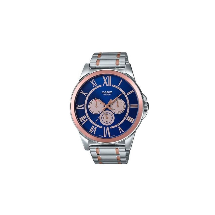 שעון גבר Casio כסף ורוז גולד עם לוח כחול וספרות רומיות