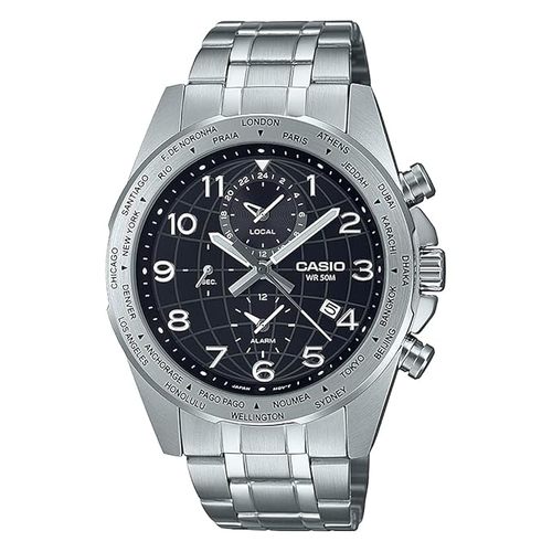 שעון גבר Casio כסף World Time עם לוח שחור