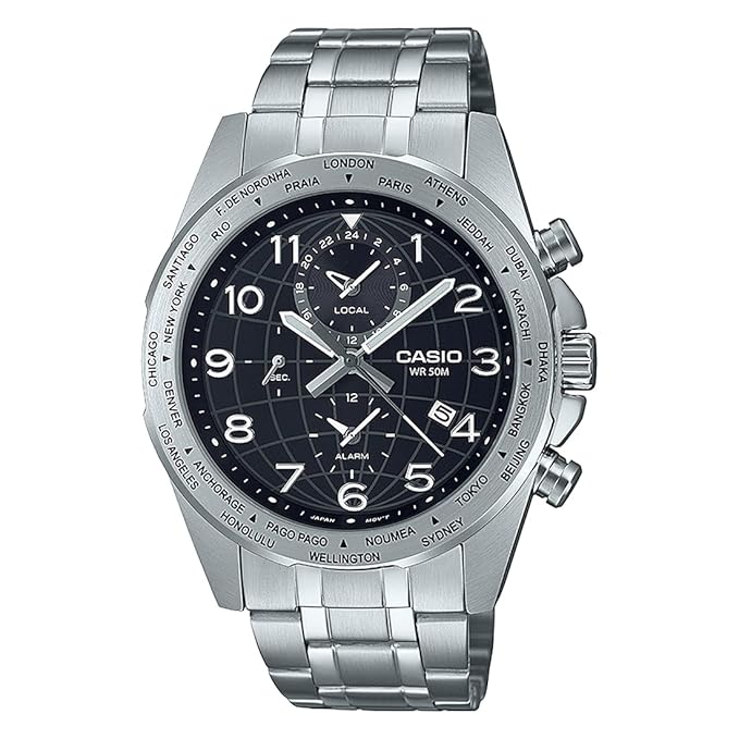 שעון גבר Casio כסף World Time עם לוח שחור