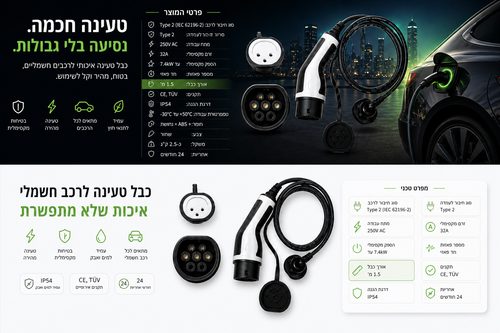 כבל טעינה לרכב חשמלי עם שקע ישראלי