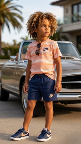 חליפת NIKE מקורית לילדים (בנים) – סט חולצת פסים וקיץ בצבע אפרסק וכחול נייבי