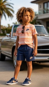 חליפת NIKE מקורית לילדים (בנים) – סט חולצת פסים וקיץ בצבע אפרסק וכחול נייבי