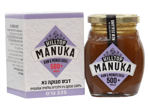 דבש דבש מנוקה נא חזק פרימיום 500+ MGO | מכיל 225 גרם | HILLTOP