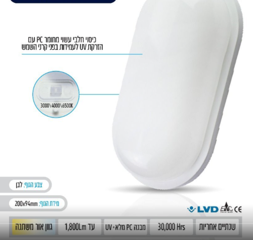גוף תאורה צמוד תקרה מוגן מים / פלפון חוץ CCT3 BULK 65IP צ.תקרה\חומה W20 אליפסה - OMEGA