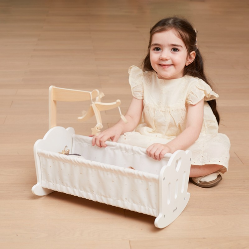 עריסת נדנדה מעץ לבובה עם סט מצעים