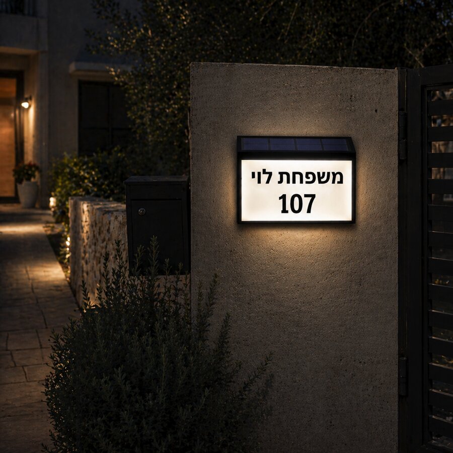 שלט מואר סולארי לכניסה לבית + כיתוב לבחירה 2 גווני הארה