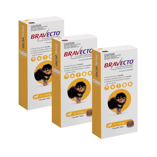 שלישייה ברבקטו כדור נגד פרעושים וקרציות 2-4.5 BRAVECTO תוקף 08/27