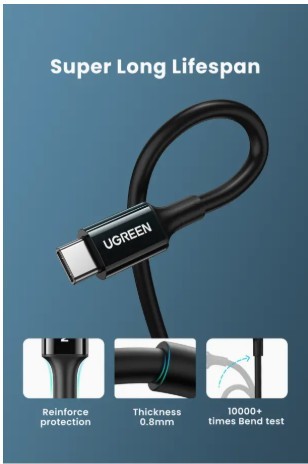 כבל סנכרון וטעינה איכותי USB-C ל USB-C תומך עד 100W באורך 2 מטר UGREEN