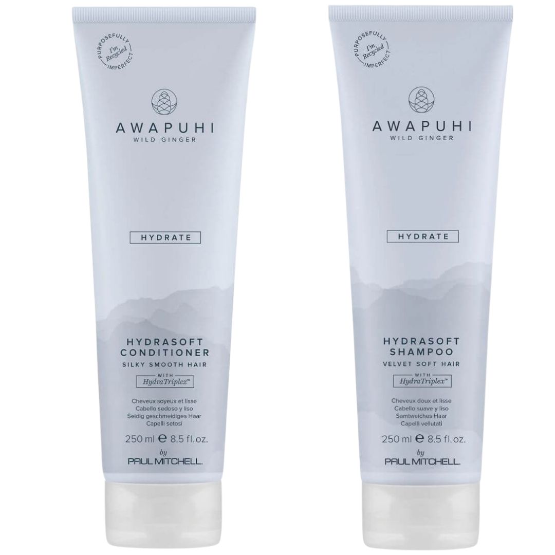 שמפו לחות  הידראסופט AWAPUHI HYDRASOFT לשיער צבוע 250 מ"ל + מרכך לשיער Wild Ginger Hydrasoft לכל סוגי השיער 250 מ"ל פול מיטשל 