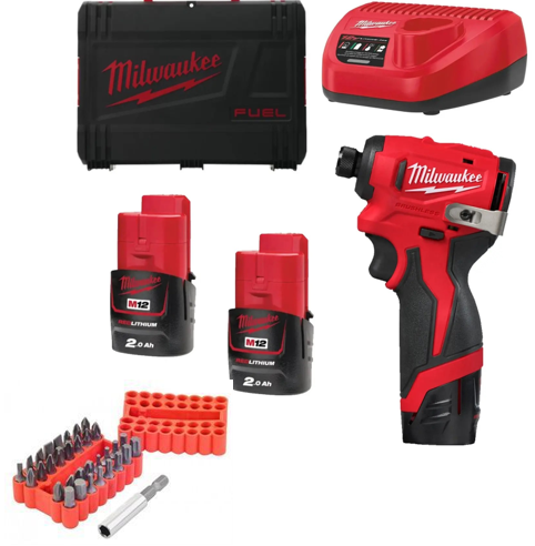 מברגת אימפקט קומפקטי brushless  M12™‎  + מארז ו 2 סוללות 2A ומטען + סט ביטים מתנה בשוי 50 שח !!