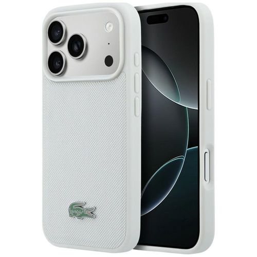 כיסוי Lacoste Pique MagSafe לאייפון 17 Pro Max בצבע לבן עם טקסטורת בד ולוגו תנין
