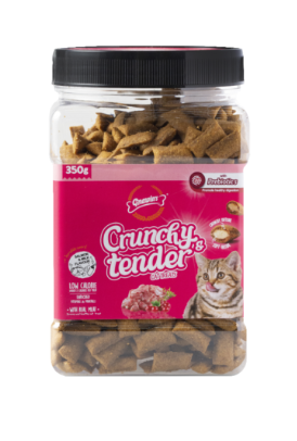 Crunchy Tender חטיף כריות לחתול בקופסה בטעם סלמון וחלב 350 גרם