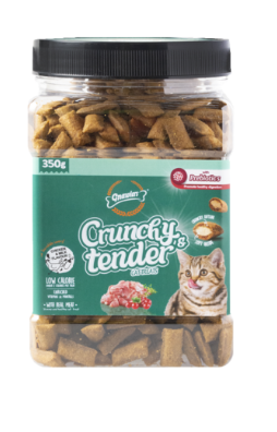 Crunchy Tender חטיף כריות לחתול בקופסה בטעם עוף וחלב 350 גרם
