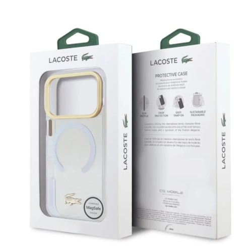 כיסוי Lacoste שקוף MagSafe לאייפון 17 פרו מקס עם מסגרת זהב באריזה מקורית
