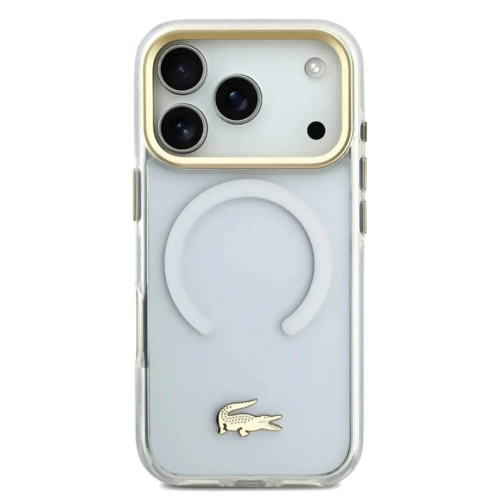 כיסוי Lacoste שקוף לאייפון 17 Pro Max עם MagSafe ומסגרת זהב מבט קדמי