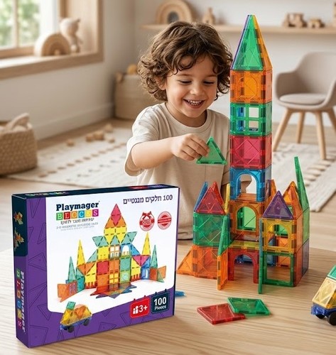 חלקי מגנט להרכבה בתלת מימד 100 חלקים Playmager