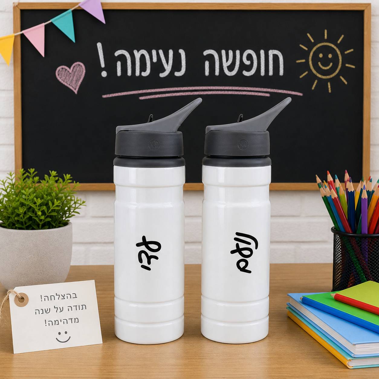 בקבוק ספורט אלומיניום עם קש 750 מ״ל בהדפסה אישית - מתנה לסוף שנה לתלמידים
