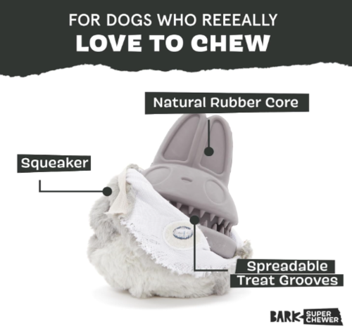 משחק לכלב בארק צעצוע נסתר ארנבת - BARK Dog Toy Super Chewer Hare Raiser Squeaky Plush With Hidden Inside Durable Natural Core With Teeth Cleaning Bristles