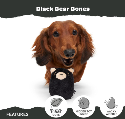 משחק לכלב בארק צעצוע נסתר דוב שחור - BARK Dog Toy Super Chewer Black Bear Bones With Hidden Squeaky 