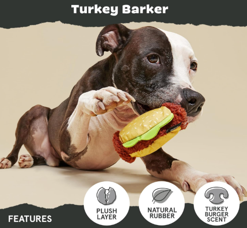משחק לכלב בארק צעצוע נסתר המבורגר בריח מגרה - BARK Dog Toy Turkey Barker Rip & Reveal Super Chewer Squeaky Plush With Hidden Toy Natural Rubber Core Turkey Burger Scent  