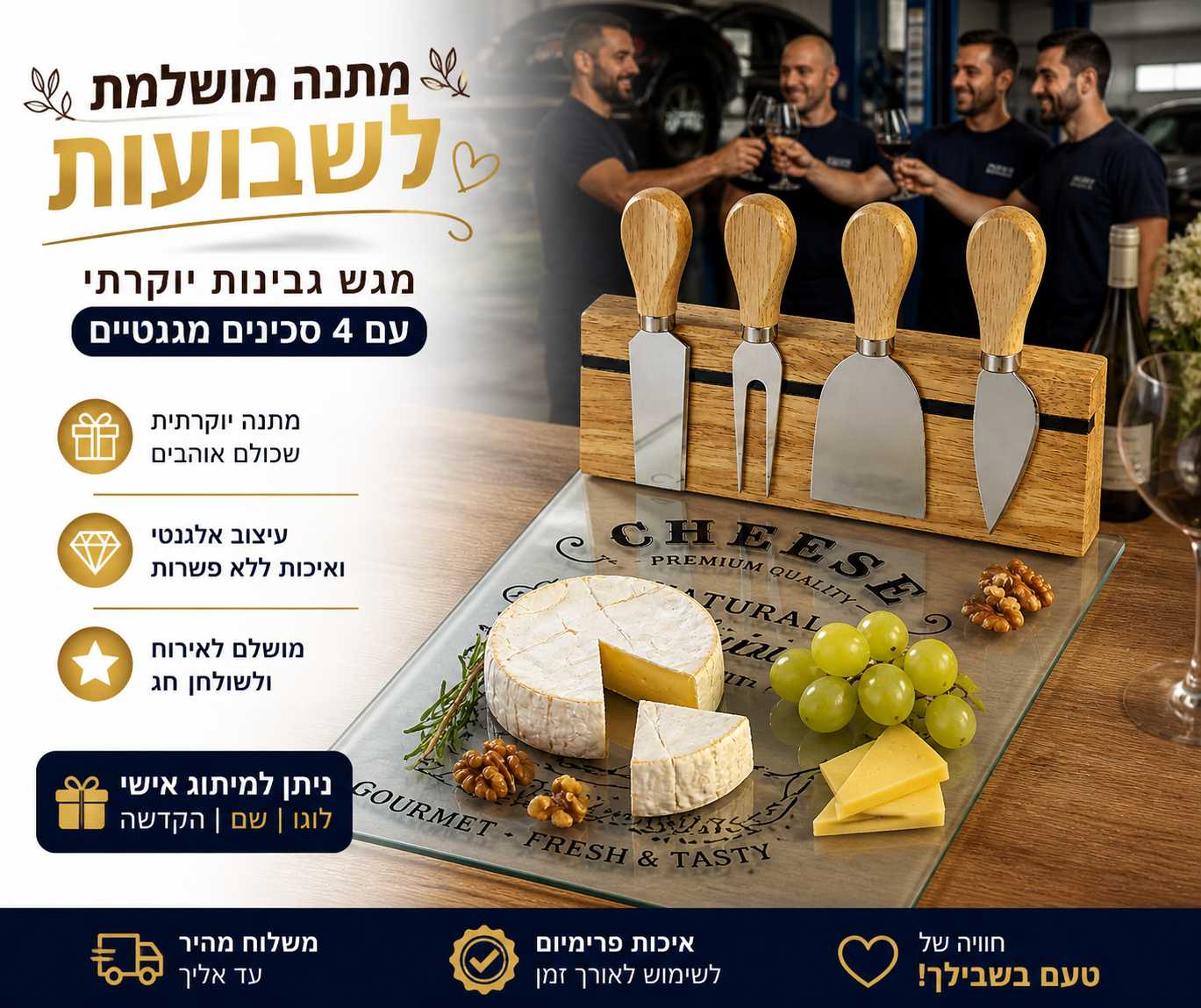 מגש גבינות מזכוכית עם סט סכיני גבינה מגנטיים - מתנה לשבועות יוקרתית
