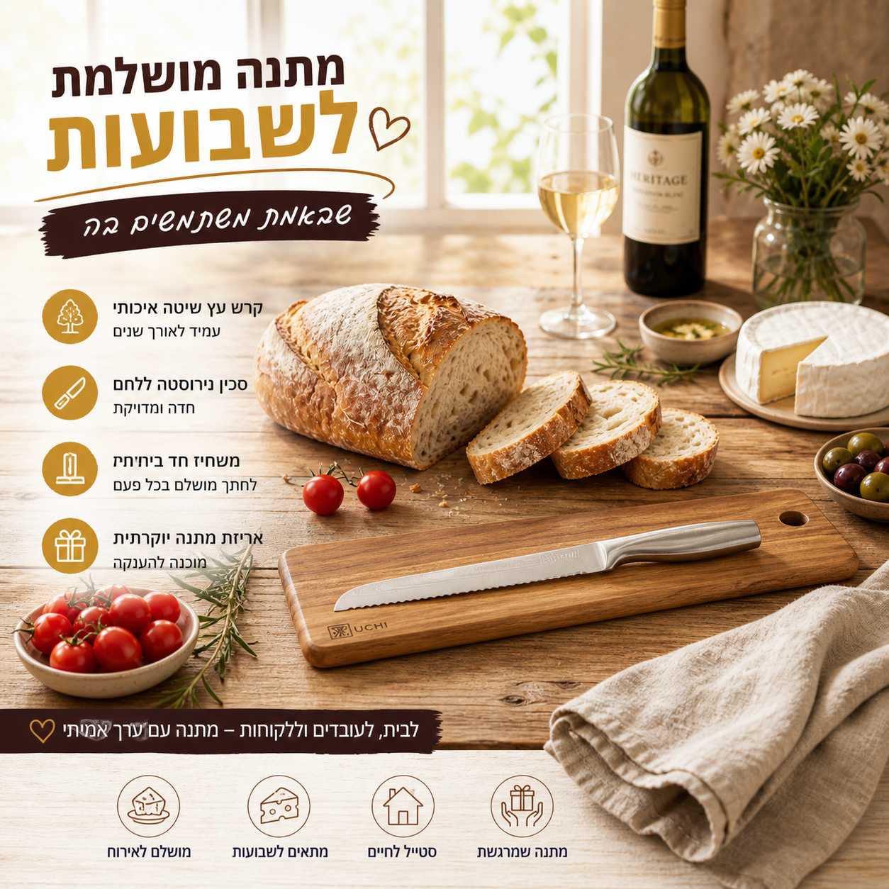 קרש חיתוך ללחם מעץ שיטה עם סכין מקצועית - מתנה לשבועות