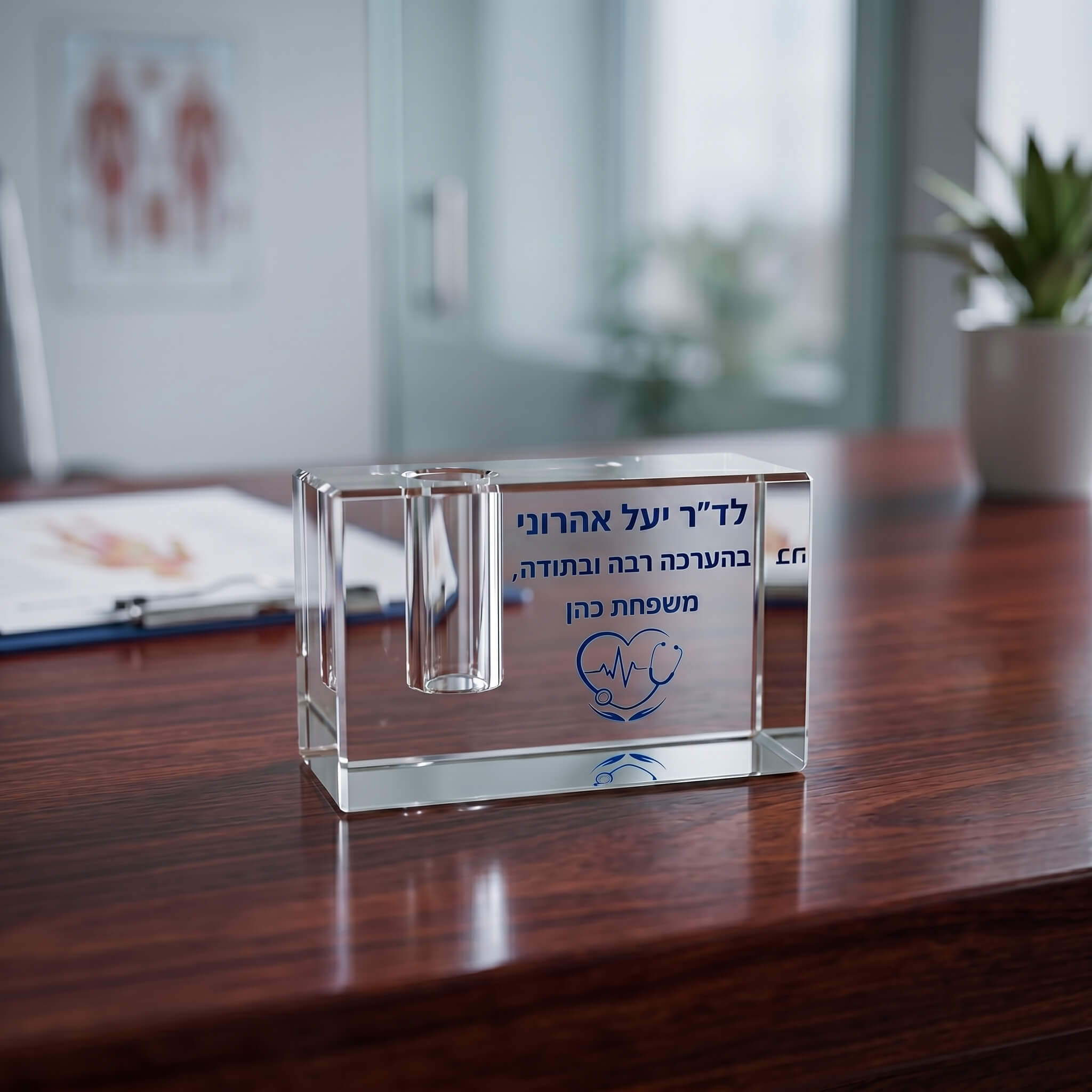 בלוק זכוכית יוקרתי עם מעמד לעט – מתנה עם משמעות