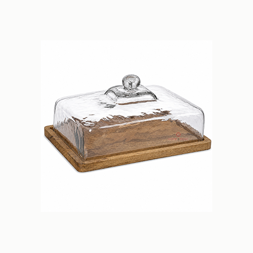 מגש אירוח מרובע מעץ מלא עם פעמון זכוכית | Royal Dome Tray