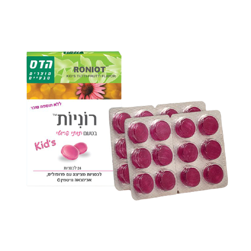 רוניות | 24 לכסניות מציצה | בטעם תותי פרוטי | לאנשים עם גרון כואב | מכיל ויטמין C | פלוריש הדס | Floris Hadas