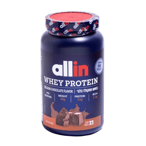 אבקת חלבון אול אין | Allin Whey Protein | בטעם שוקולד בלגי | מכיל 759 גרם