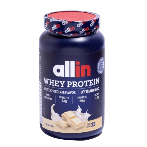אבקת חלבון אול אין | Allin Whey Protein | בטעם שוקולד לבן | 759 גרם