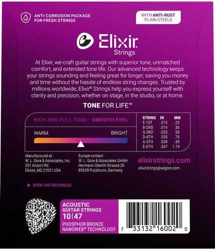סט לאקוסטית ELIXIR 16002 NANO Phosphor Bronze 10-47