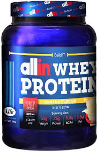 allin whey protein | אבקת חלבון | מי גבינה| בטעם בננה | מכיל 759 גרם | אול אין | ALLIN
