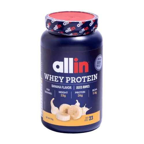 Whey Protein | בטעם בננה | 759 גרם | 23 מנות הגשה | 26 גרם חלבון במנה | 5.8 חומצות אמינו מסועפות |