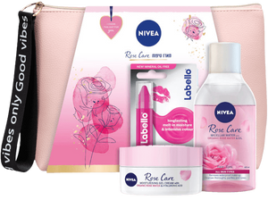 מארז טיפוח ROSE CARE | תיק איפור + קרם יום + מים מיסלריים + שפתון לבלו |