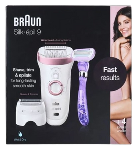 BRAUN | גילוח עדין לאזורים רגישים | עמיד במים | ניתן לשימוש במים | מכשיר אפילציה | ראשי גילוח וגוזם | סכין גילוח נוספת | תיק נשיאה ואחסון |