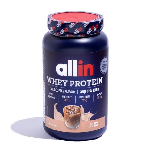 אבקת חלבון WHEY בטעם אייס קפה – משקל 759 גרם (23 מנות) | All In אולאין