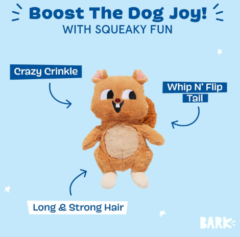 משחק לכלב בובת בארק פרלה הסנאית - BARK Dog Toy Pearl Squirrel Squeaky Plush With Crazy Crinkle