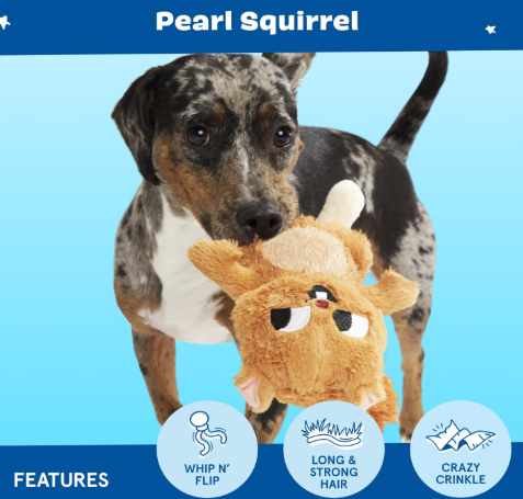 משחק לכלב בובת בארק פרלה הסנאית - BARK Dog Toy Pearl Squirrel Squeaky Plush With Crazy Crinkle