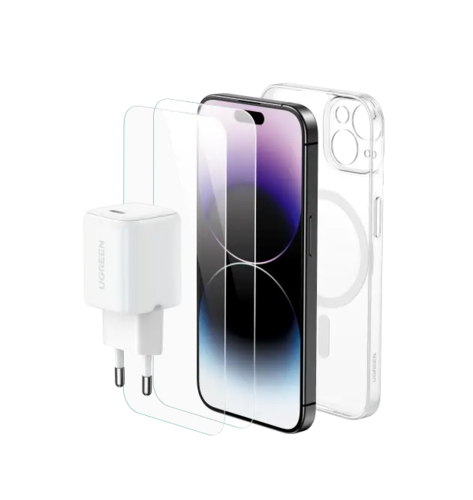  מארז IPHONE 15 PRO הכולל: מטען קיר 30W + כיסוי MagSafe + זוג מגני מסך זכוכית LP796-25930 