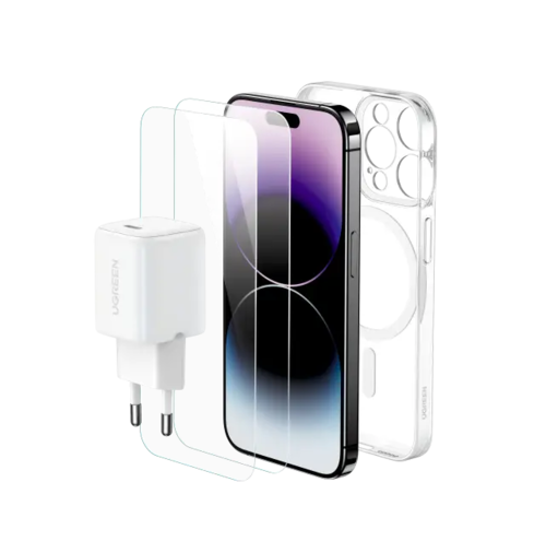  מארז IPHONE 15 PRO MAX הכולל: מטען קיר 30W + כיסוי MagSafe + זוג מגני מסך זכוכית LP797-25931 
