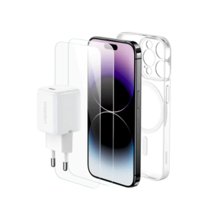  מארז IPHONE 15 PRO MAX הכולל: מטען קיר 30W + כיסוי MagSafe + זוג מגני מסך זכוכית LP797-25931 
