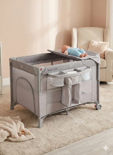 לול רשת משולב 4 ב 1 Baby Hub לול, עריסה מתחברת, משטח החתלה ומיטת קמפינג עם דופן עולה / יורדת צבע אפור / ב'ז