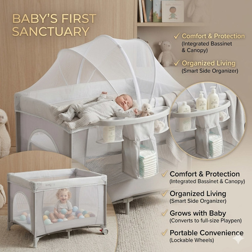 לול רשת משולב 4 ב 1 Baby Hub לול, עריסה מתחברת, משטח החתלה ומיטת קמפינג עם דופן עולה / יורדת צבע אפור / ב'ז