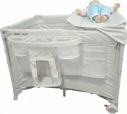 לול רשת משולב 4 ב 1 Baby Hub לול, עריסה מתחברת, משטח החתלה ומיטת קמפינג עם דופן עולה / יורדת צבע אפור / ב'ז