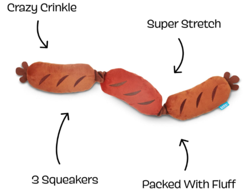 משחק לכלב בובת בארק שרשרת נקניקיות - BARK Dog Toy Lickin' Links Sausage Chain Plush 3 Squeakers Crazy Crinkle Super Stretch