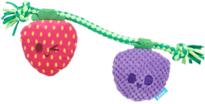 משחק לכלב בובת בארק תותים על חבל - BARK Dog Toy Squeaky Plush Strawberry and Grape Pull-Through T-Shirt Rope Interactive with Crazy Crinkle