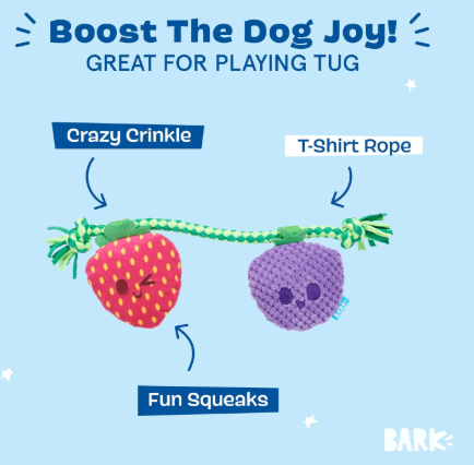 משחק לכלב בובת בארק תותים על חבל - BARK Dog Toy Squeaky Plush Strawberry and Grape Pull-Through T-Shirt Rope Interactive with Crazy Crinkle