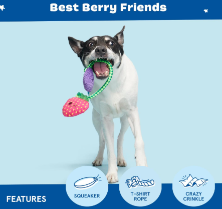 משחק לכלב בובת בארק תותים על חבל - BARK Dog Toy Squeaky Plush Strawberry and Grape Pull-Through T-Shirt Rope Interactive with Crazy Crinkle